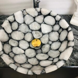 White Black Agate Round Shape Washbasin Sink